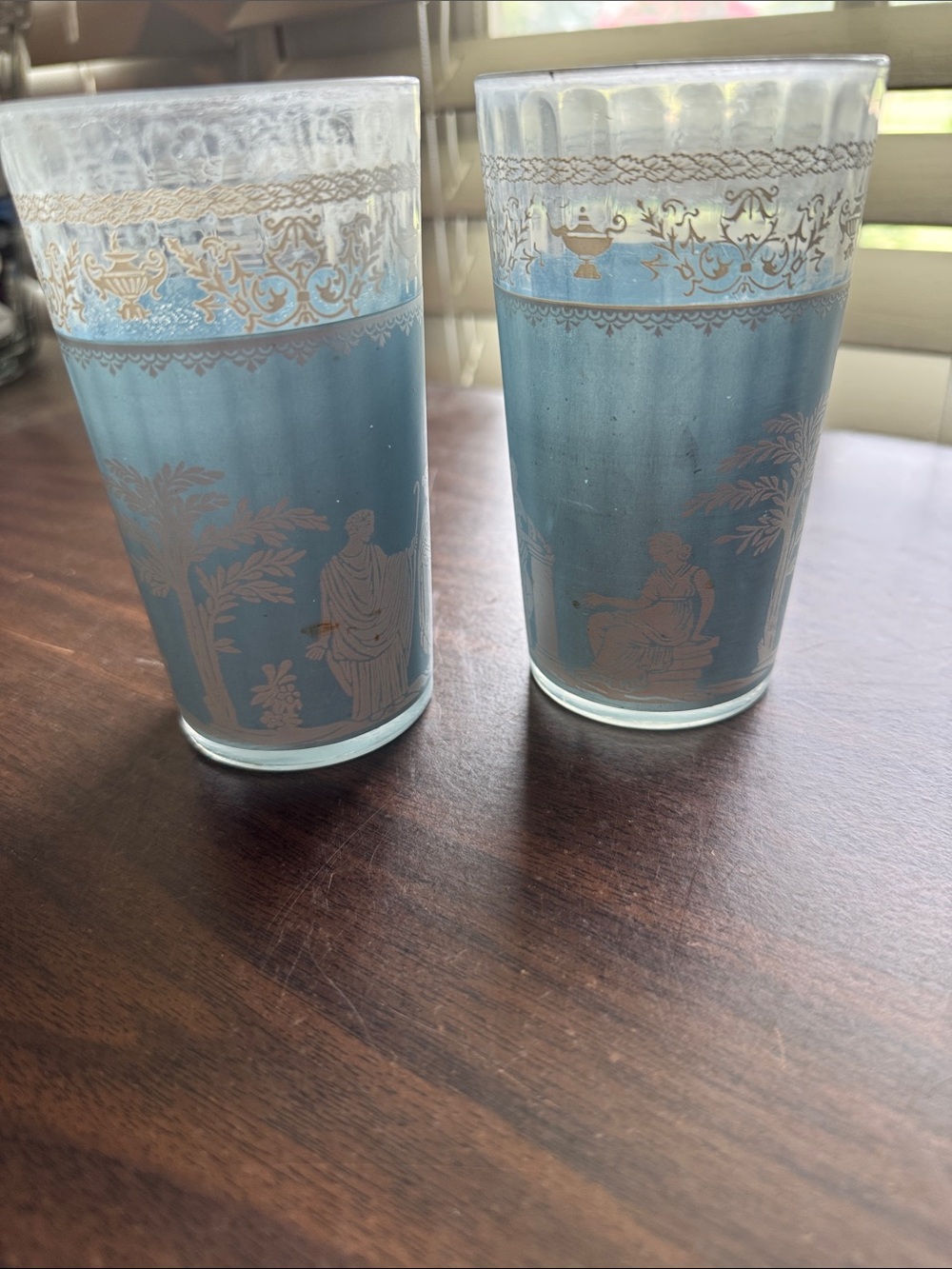 Set of 2 Jeannette Wedgwood Blue Grecian Pattern Juice Glasses